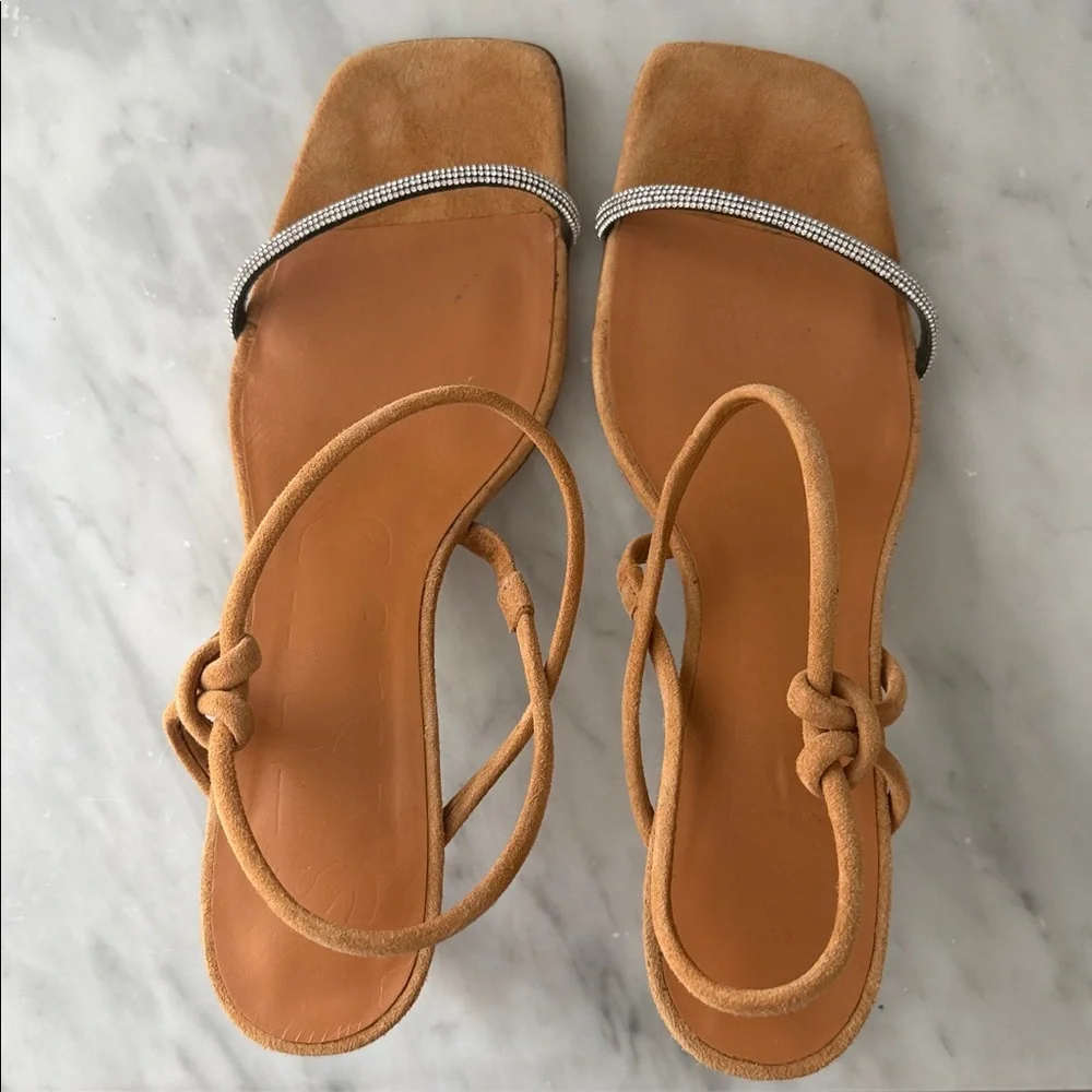 STAUD Tan Suede Strappy Heeled Sandals Rhinestone laurel Crystal heel size 38.5 - Picture 5 of 16